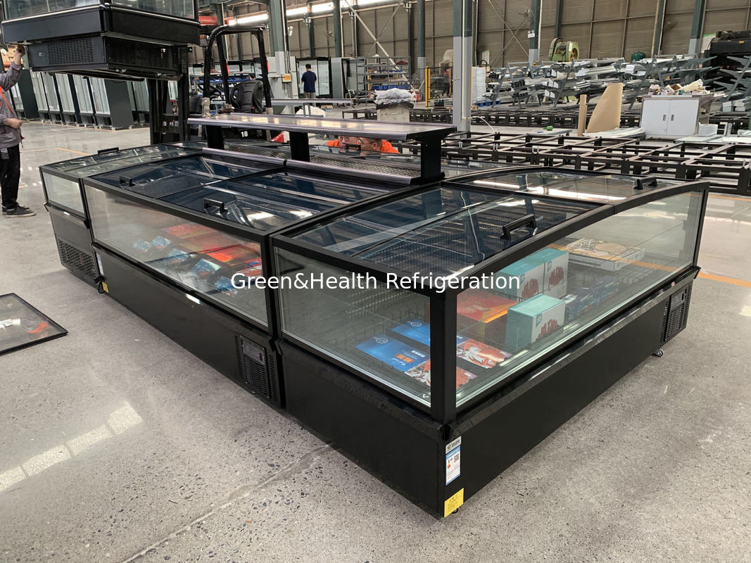 Pintu Kaca Panoramic Supermarket Pulau Freezer Kapasitas besar Chest Freezer Untuk Tampilan Makanan Beku