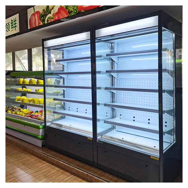 Kulkas bergaya terbuka kecil untuk penyimpanan dan tampilan buah/sayuran di toko/supermarket