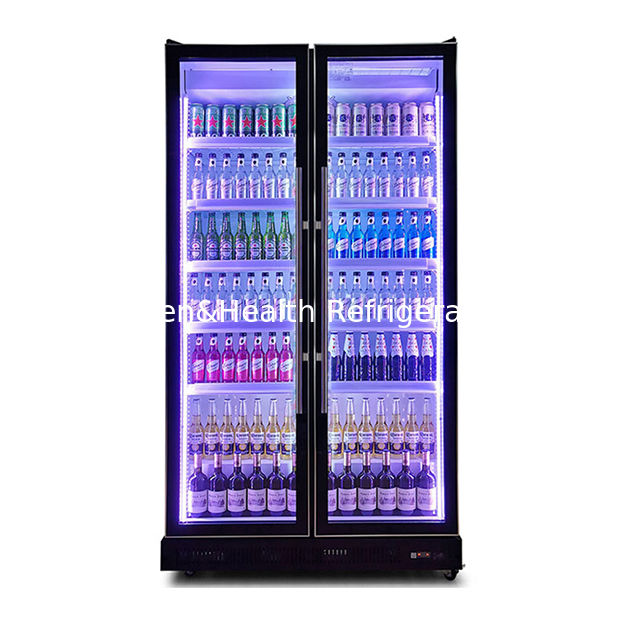 Lampu LED Ganda Dua Pintu Kaca Pendingin Minuman Dan Alkohol Tampilan Freezer