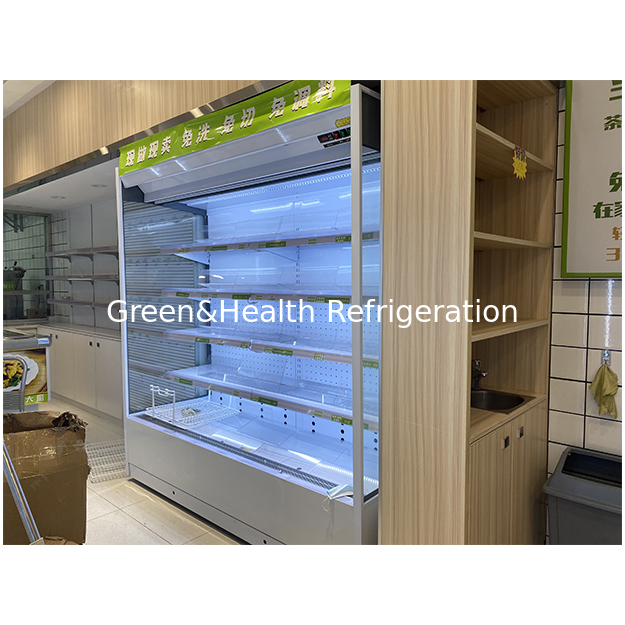 Sudut kanan Struktur baja tahan karat kaca lima lapisan Buah/sayuran/Simpanan susu Dingin Freezer terbuka