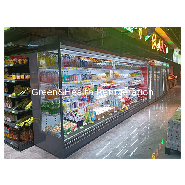 Sudut kanan Struktur baja tahan karat kaca lima lapisan Buah/sayuran/Simpanan susu Dingin Freezer terbuka