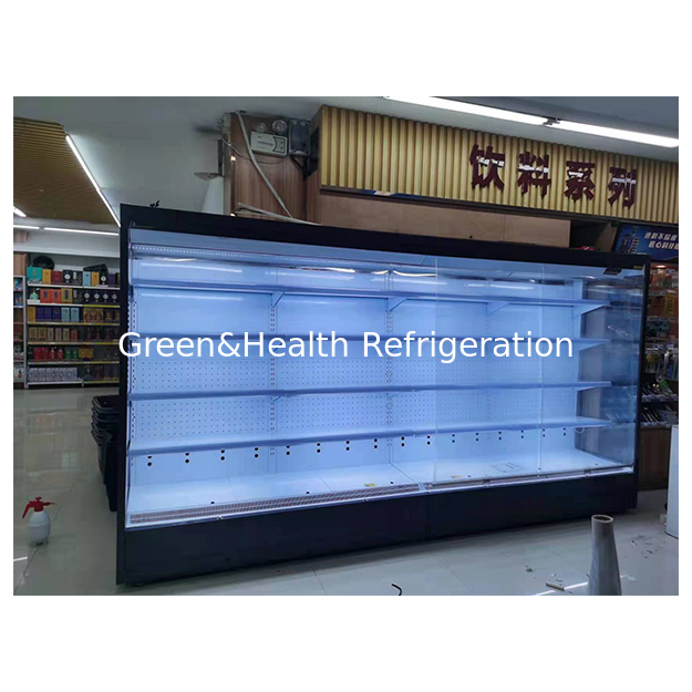 Sudut kanan Struktur baja tahan karat kaca lima lapisan Buah/sayuran/Simpanan susu Dingin Freezer terbuka