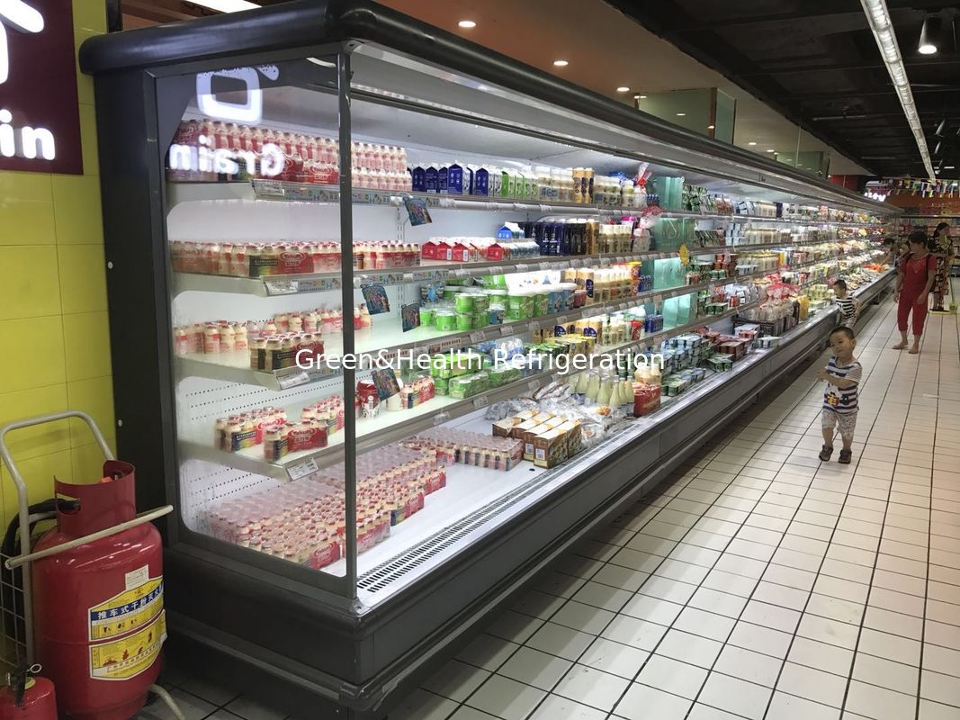 Green & Health Upright Vertical Multideck Open Chiller Untuk Susu Di Supermarket