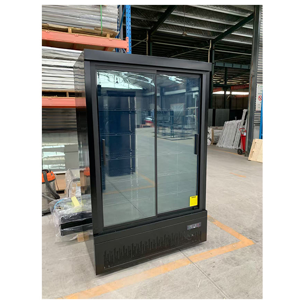 Pintu Kaca Ganda Tipe Dorong Tarik Unit Bawah Hitam Komersial Supermarket Lemari Es Freezer Display Pendingin