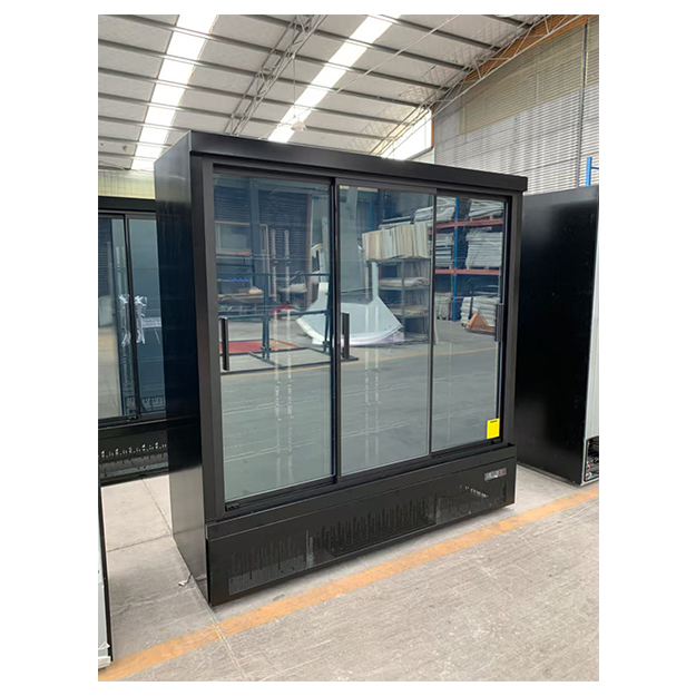 Pintu Kaca Ganda Tipe Dorong Tarik Unit Bawah Hitam Komersial Supermarket Lemari Es Freezer Display Pendingin
