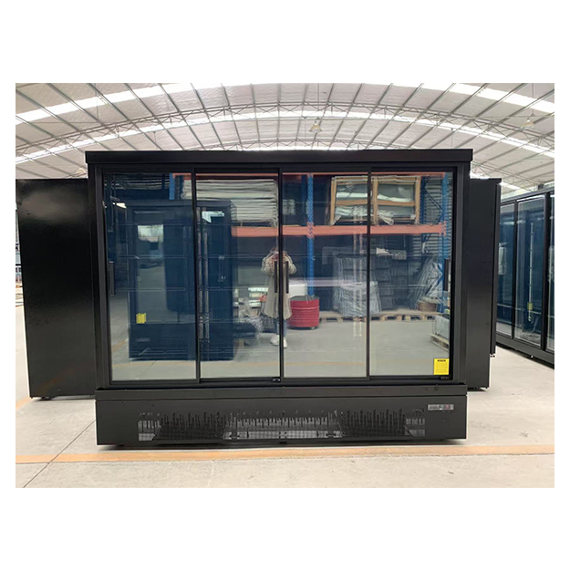 Pintu Kaca Ganda Tipe Dorong Tarik Unit Bawah Hitam Komersial Supermarket Lemari Es Freezer Display Pendingin