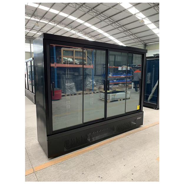 Pintu Kaca Ganda Tipe Dorong Tarik Unit Bawah Hitam Komersial Supermarket Lemari Es Freezer Display Pendingin