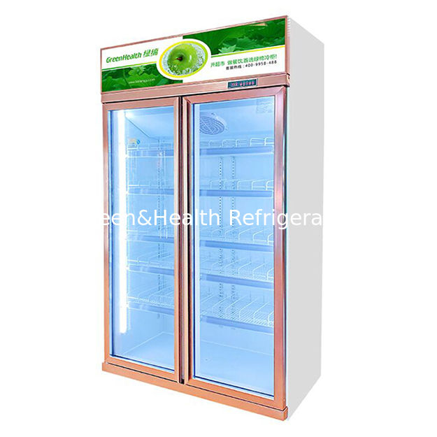 Komersial vertikal dua pintu kaca defogging minuman display freezer dengan pendingin kipas defrost otomatis dan rak yang dapat disesuaikan