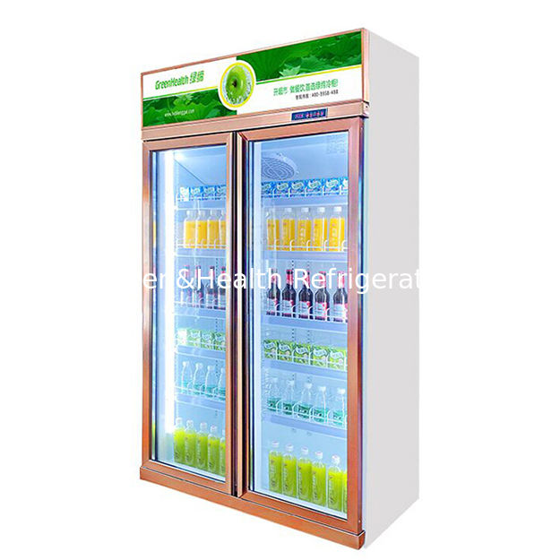 Komersial vertikal dua pintu kaca defogging minuman display freezer dengan pendingin kipas defrost otomatis dan rak yang dapat disesuaikan