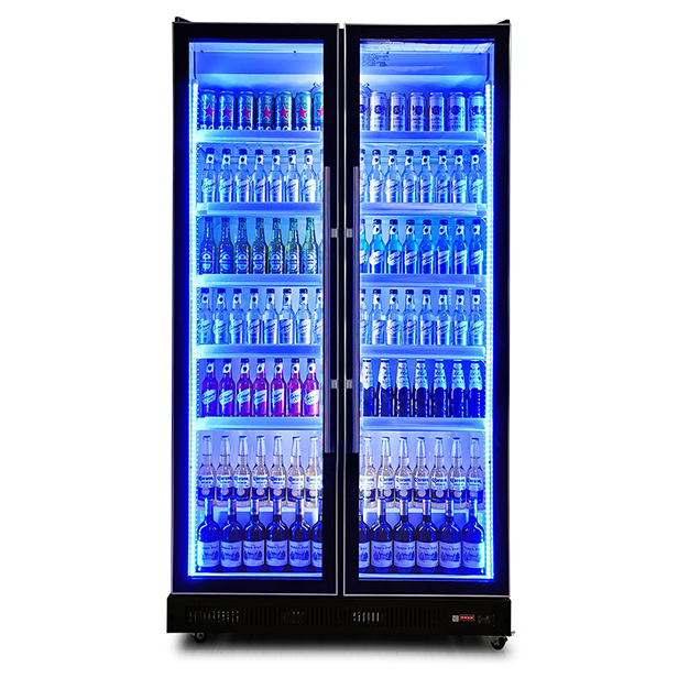 Vertikal Dua Pintu Kaca Multi LED Lampu Anggur Dan Minuman Pendingin Tampilan Freezer