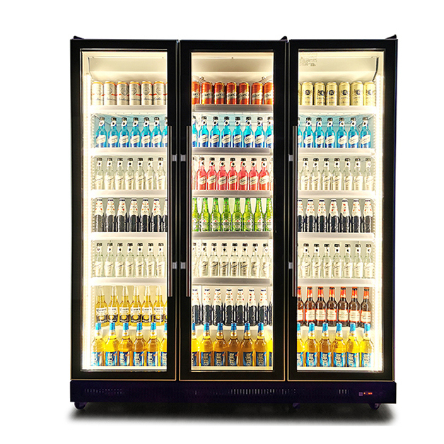 Pintu kaca komersial Lampu berganda vertikal Pemandangan pendingin minuman Pemanas kulkas
