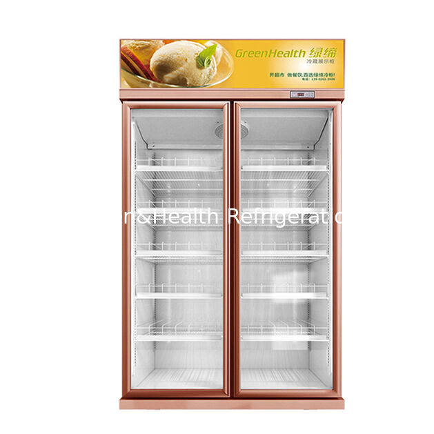 Dua pintu kaca minuman display freezer dengan unit pendingin yang dipasang di atas, Auto Defrost, dan 1154L Volume