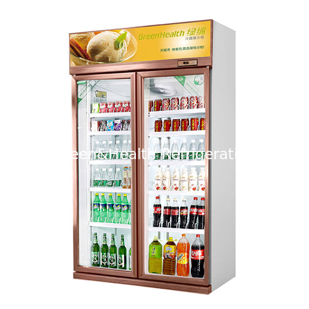 Dua pintu kaca minuman display freezer dengan unit pendingin yang dipasang di atas, Auto Defrost, dan 1154L Volume