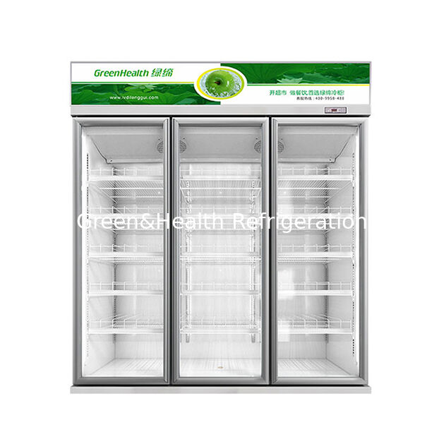 Supermarket Menggunakan Tiga Defogging Glass Door Beverage Display Refrigerator dengan Auto Defrost Fan Cooling dan Rak yang Bisa Disesuaikan