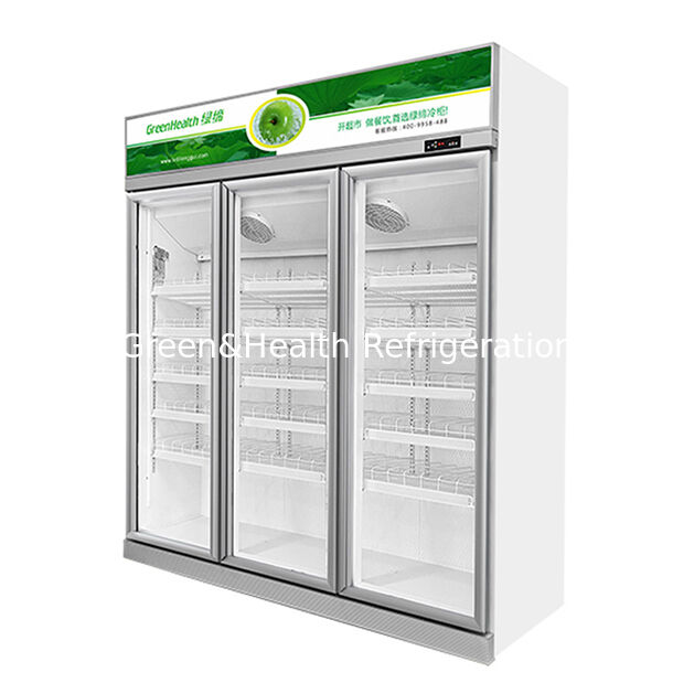Supermarket Menggunakan Tiga Defogging Glass Door Beverage Display Refrigerator dengan Auto Defrost Fan Cooling dan Rak yang Bisa Disesuaikan