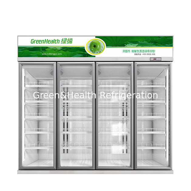 Supermarket Menggunakan Tiga Defogging Glass Door Beverage Display Refrigerator dengan Auto Defrost Fan Cooling dan Rak yang Bisa Disesuaikan