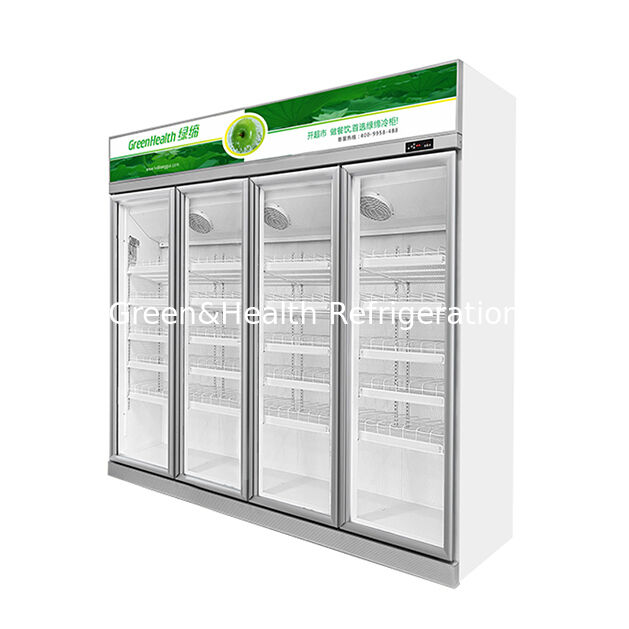 Supermarket Menggunakan Tiga Defogging Glass Door Beverage Display Refrigerator dengan Auto Defrost Fan Cooling dan Rak yang Bisa Disesuaikan