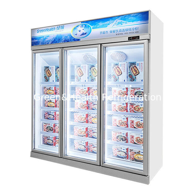 Vertical Three Glass Doors Freezer For Food Storage And Display In The Upper Unit