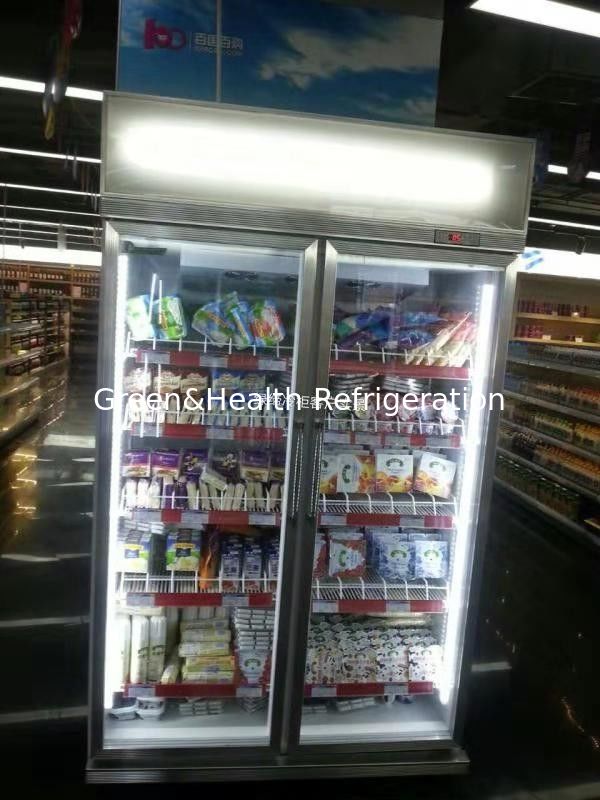 Rantai toko rak yang dapat disesuaikan 2 pintu kaca freezer untuk makanan beku dengan pendingin kipas