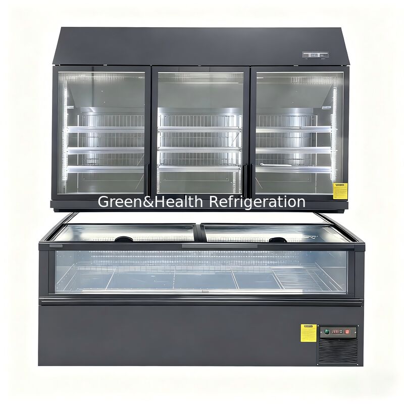 Komersial gabungan display Freezer - Top Glass Door & Bottom Island Freezer untuk supermarket