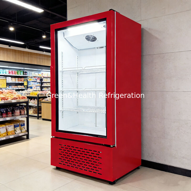 Chiller Tegak Pintu Kaca Tunggal Komersial Pendingin Kipas Minuman untuk Supermarket & Toko Kelontong