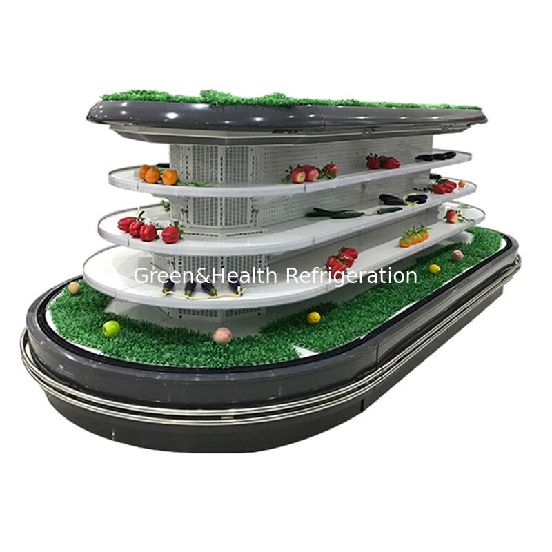 Chiller terbuka multi-deck komersial dengan pencahayaan LED defrost otomatis dan penghematan energi untuk tampilan supermarket