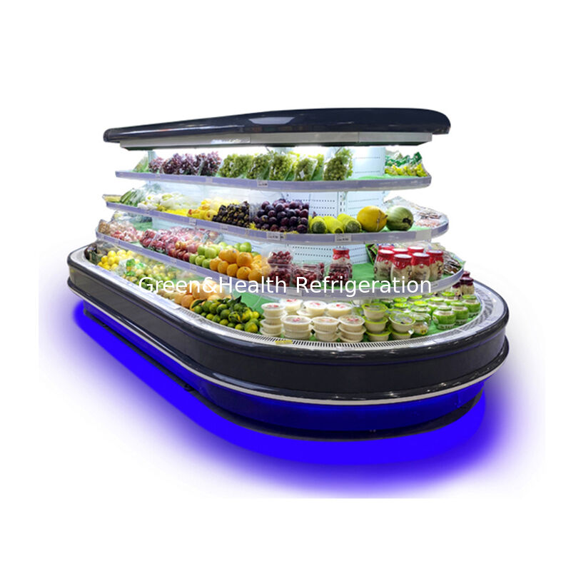 Chiller terbuka multi-deck komersial dengan pencahayaan LED defrost otomatis dan penghematan energi untuk tampilan supermarket