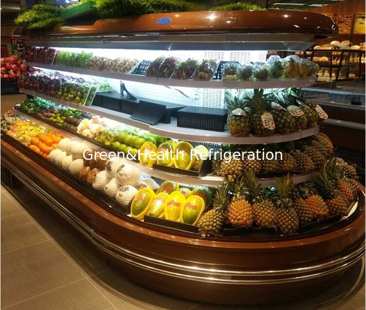 Chiller terbuka multi-deck komersial dengan pencahayaan LED defrost otomatis dan penghematan energi untuk tampilan supermarket