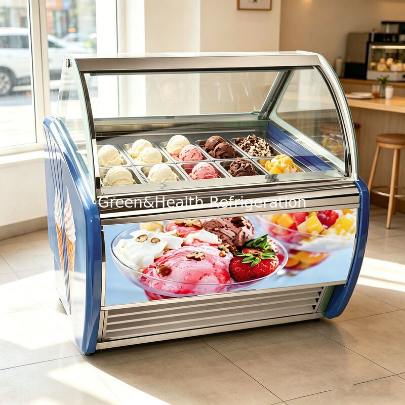 Freezer Display Gelato Stainless Steel Komersial Multi-Pan dengan Termostat yang Dapat Disesuaikan dan Kompresor Danfoss