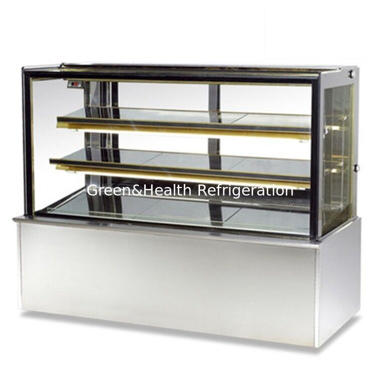 Right Angle Stainless Steel Cake Display Freezer dengan 3 Lapisan Dek untuk Kue Toko Pendinginan