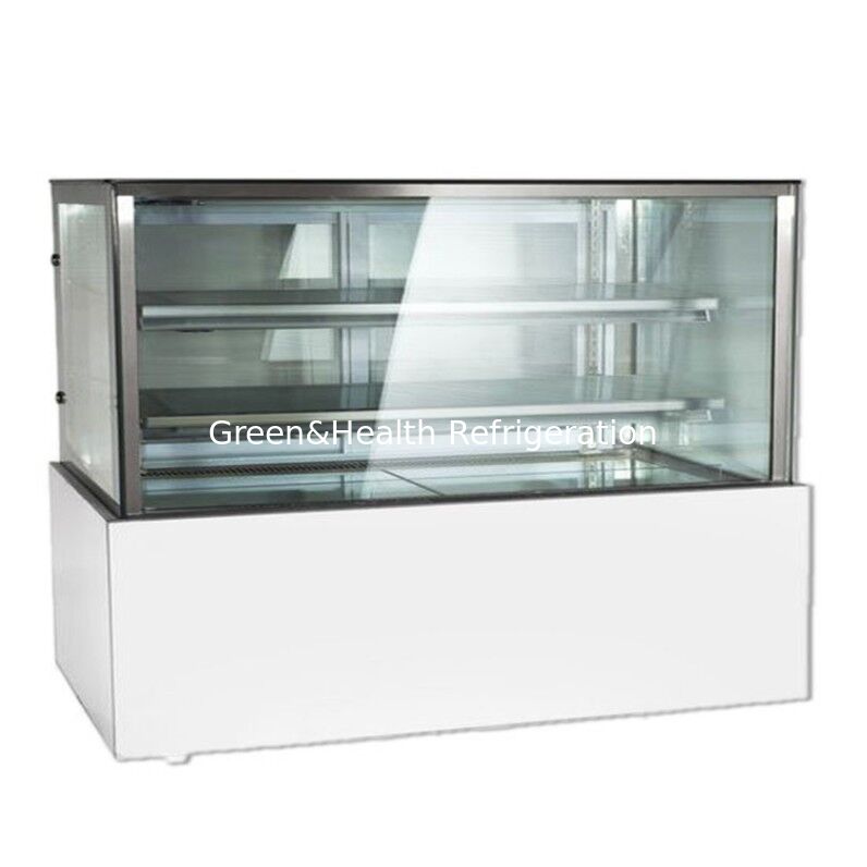 Right Angle Stainless Steel Cake Display Freezer dengan 3 Lapisan Dek untuk Kue Toko Pendinginan