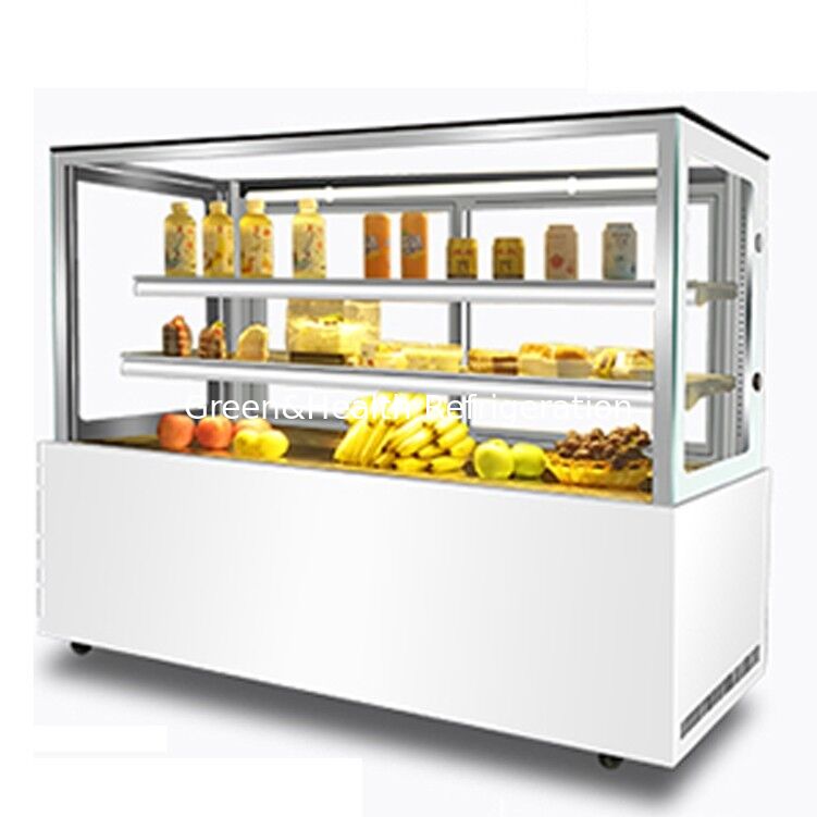 Right Angle Stainless Steel Cake Display Freezer dengan 3 Lapisan Dek untuk Kue Toko Pendinginan