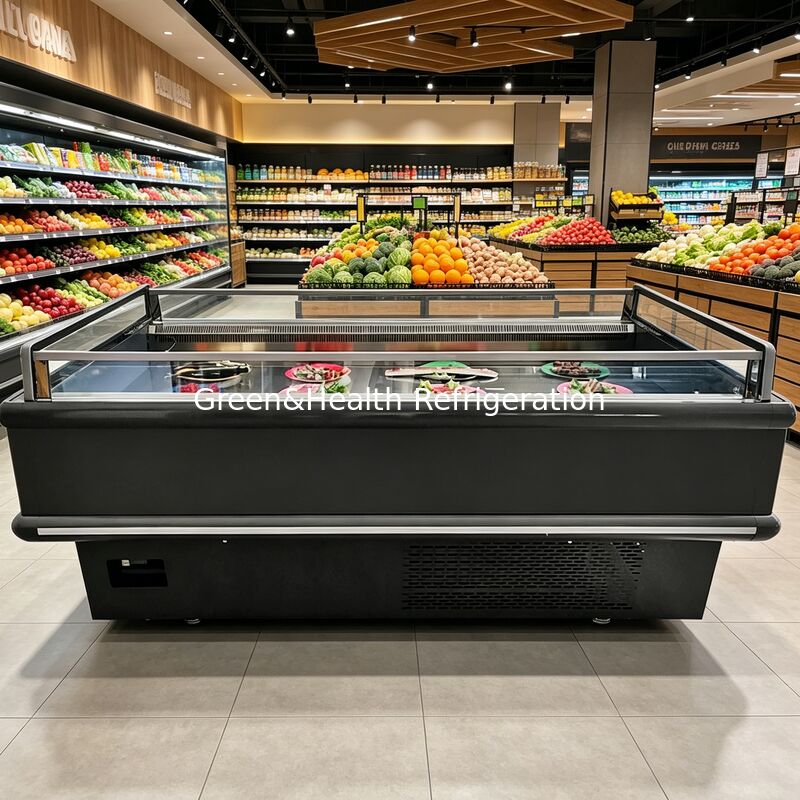 Chiller Display Terbuka Komersial Freezer Pulau 2000x1130x900mm 2-10°C/-15~-18°C 900/1350W untuk Makanan Beku