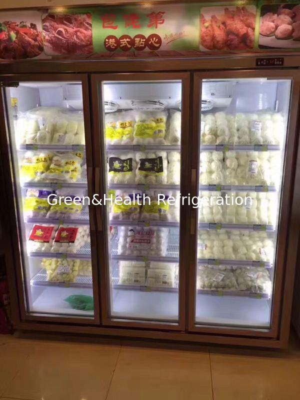 Rantai toko rak yang dapat disesuaikan 2 pintu kaca freezer untuk makanan beku dengan pendingin kipas