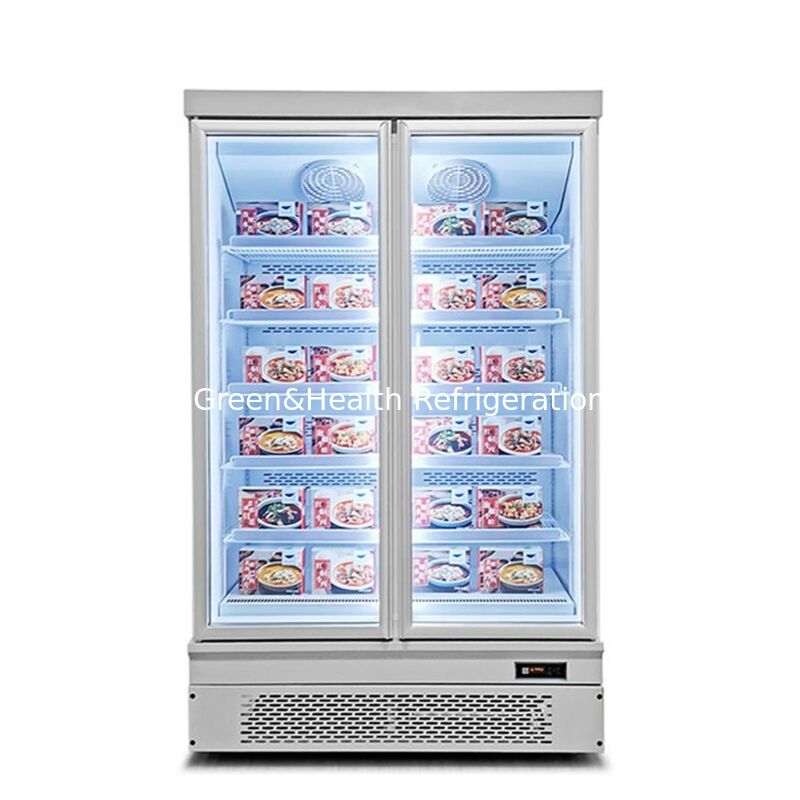 Dinding Dipasang tegak 2 Pintu Kaca Komersial Display Freezer dengan Defrost Otomatis dan eksterior stainless steel