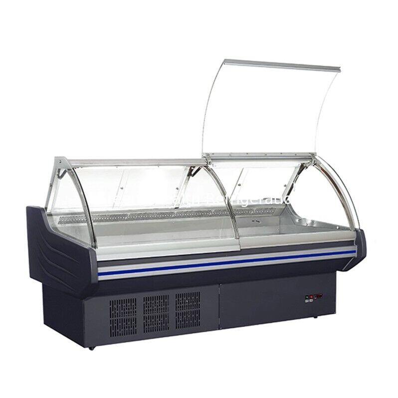 Komersial Horizontal Flip Top Display Makanan Dimasak Kulkas dengan Lampu LED dan Ventilator Pendingin di Konstruksi Baja Rinsing