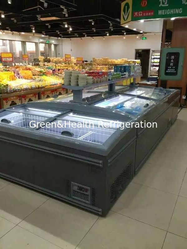 Flexible Display Type Glass Door Auto Defrostr Supermarket Pulau Freezer