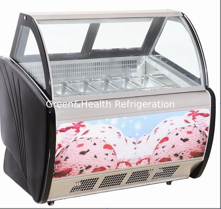 Kaca Melengkung 6 Kontainer Ice Cream Scoop Display Freezer Cabinet Dengan T5 / LED Light