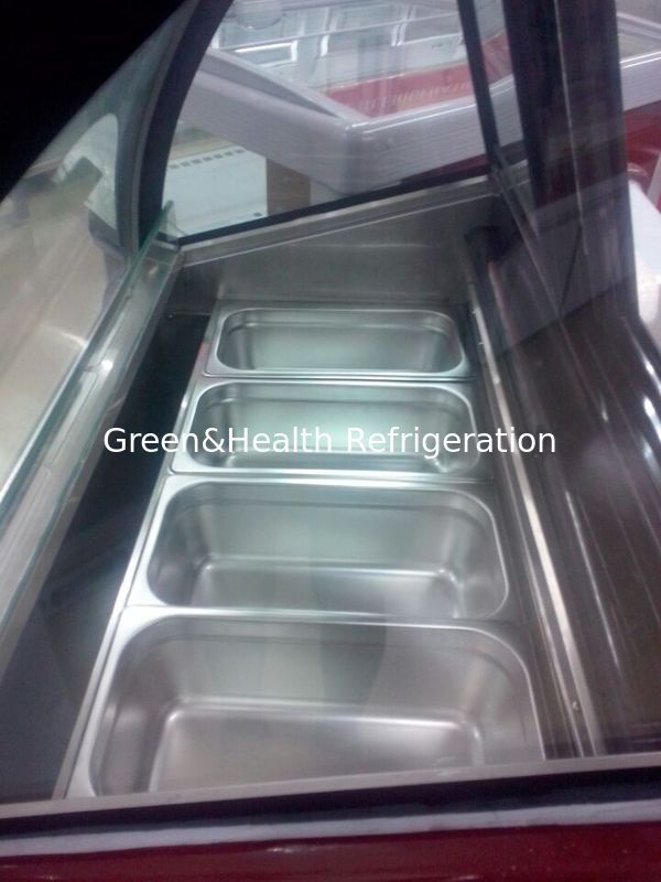 Kaca Melengkung 6 Kontainer Ice Cream Scoop Display Freezer Cabinet Dengan T5 / LED Light