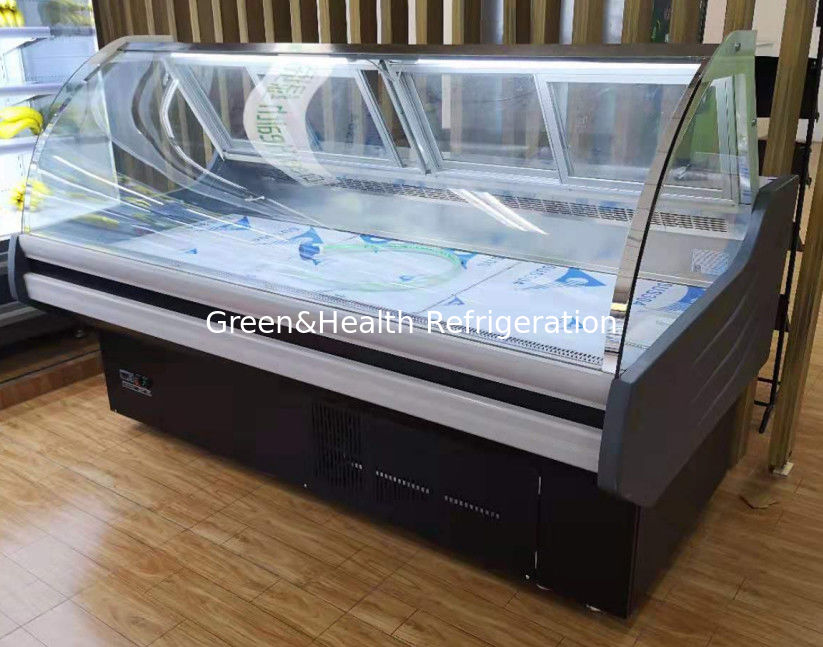 Kabinet tampilan daging komersial dengan interior kaca melengkung stainless steel dan sistem pendingin kipas