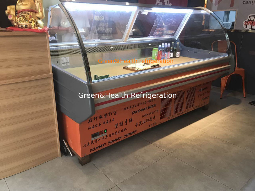 Kabinet tampilan daging komersial dengan interior kaca melengkung stainless steel dan sistem pendingin kipas