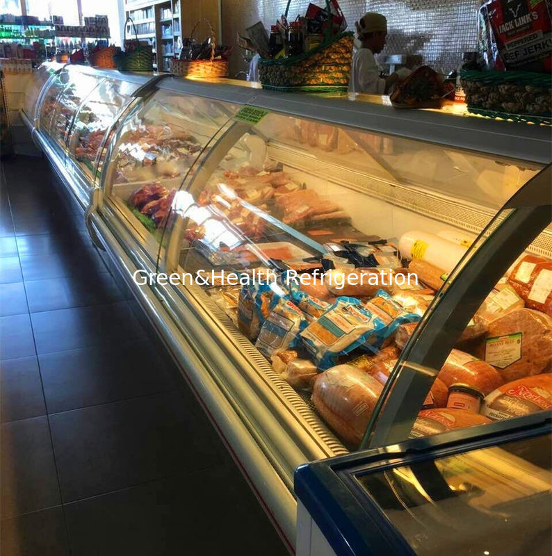 Kabinet tampilan daging komersial dengan interior kaca melengkung stainless steel dan sistem pendingin kipas