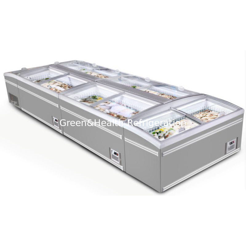 Freezer Pulau dada komersial dengan pintu kaca geser dan defrost otomatis dengan kompresor Danfoss