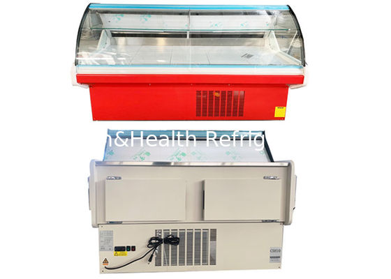 R404a 2M Deli Display Kulkas Melengkung Kaca Meat Showcase