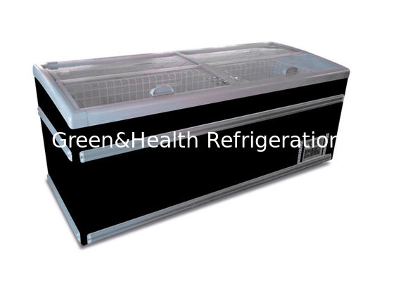 Komersial Supermarket Display Island Chest Freezer Showcase Pendinginan Dengan Pintu Kaca