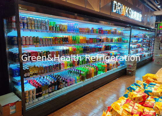 supermarket 2m Right angle multideck open chiller dengan air curtain minuman display cooler