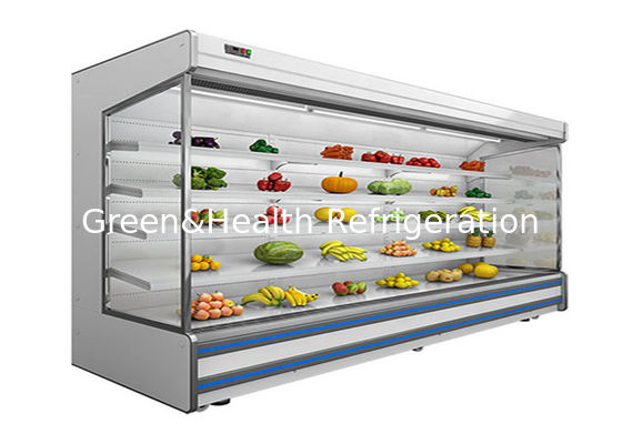 Chiller Multideck Terbuka Komersial 4 Tingkat yang Dapat Disesuaikan dengan Pendingin Kipas dan Tirai Malam untuk Supermarket