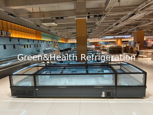 Kulkas Freezer Pulau Supermarket Kaca Panorama Freezer Pulau Auto-Defrost Dengan Pencahayaan LED