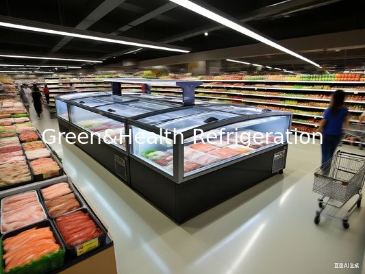 Pintu Kaca Panoramic Supermarket Pulau Freezer Kapasitas besar Chest Freezer Untuk Tampilan Makanan Beku