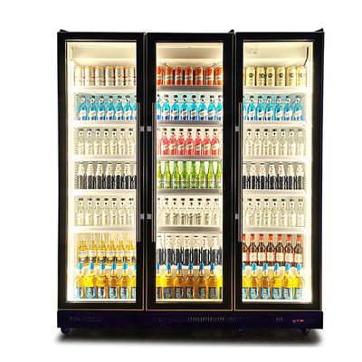 Pintu kaca komersial Lampu berganda vertikal Pemandangan pendingin minuman Pemanas kulkas